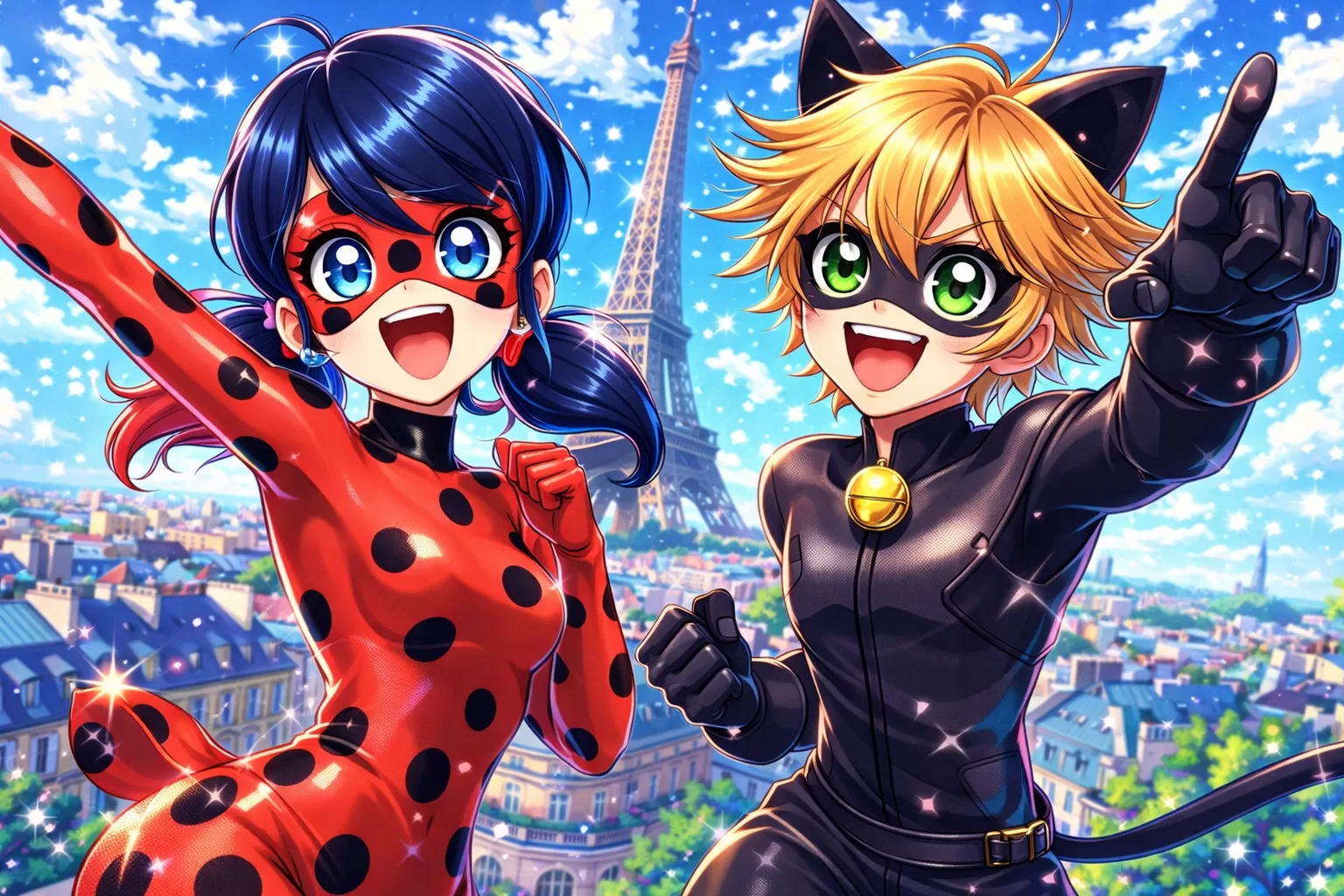 An anime-influenced image of Ladybug and Cat Noir.
